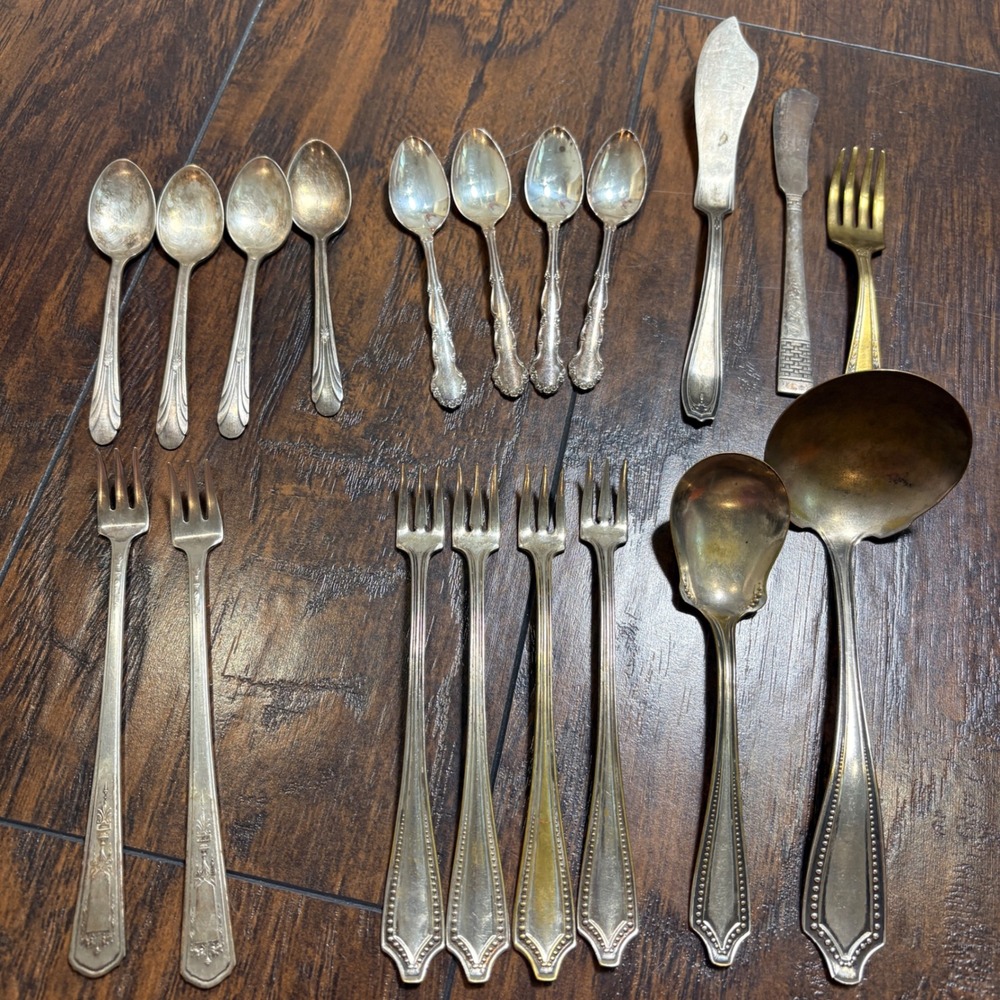 Mixed Silverplate Flatware Lot 18pc Monroe Sheffield RS Mfg Silver Gray Ornate